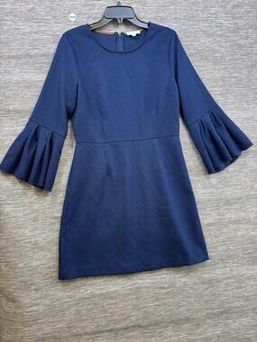 THML Dress Womens L Blue Solid Knit Shift 3/4 Bell Sleeve Ruffle Short Workwear